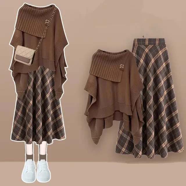 Women's Gentle Oversized Knitted Cardigan Sweater With Skirt Brown Sweater Plaid Skirt - Shop at LoveMi