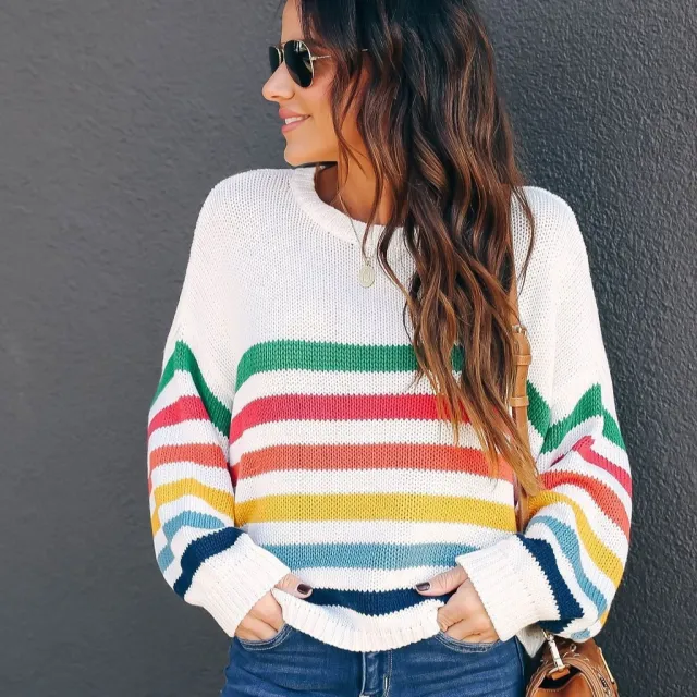 Striped Stitching Internet Celebrity Knitwear Fashion Sweater White - Shop at LoveMi
