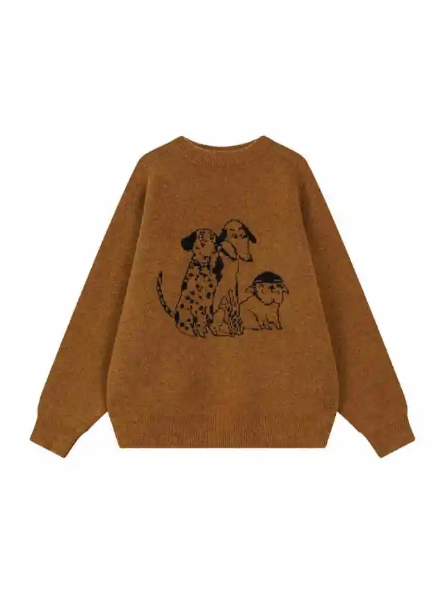 Cartoon Printed Round Neck Long Sleeve Knitted Sweater For Women Yellow - Shop at LoveMi