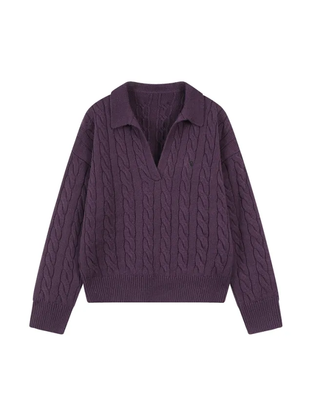 Collar Embroidery Loose fitting Long Sleeve Sweater Women Purple - Shop at LoveMi