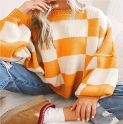 Leisure Style Plaid Printed Long-sleeved Top Warm Pullover Crew Neck Sweater Sales - Orange - View 1