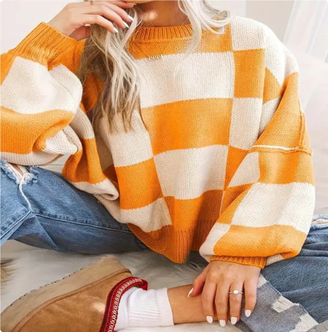 Leisure Style Plaid Printed Long sleeved Top Warm Pullover Crew Neck Sweater Sales Orange - Shop at LoveMi