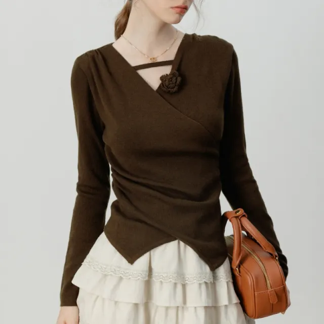 Retro Cross Design Knitwear With Flower Top Deep Coffee - Shop at LoveMi