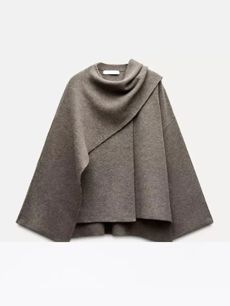Solid Knitted Cardigan With Asymmetrical Scarf Design Fashion Short Coat Women Overcoat Jacket Winter - Cape Style