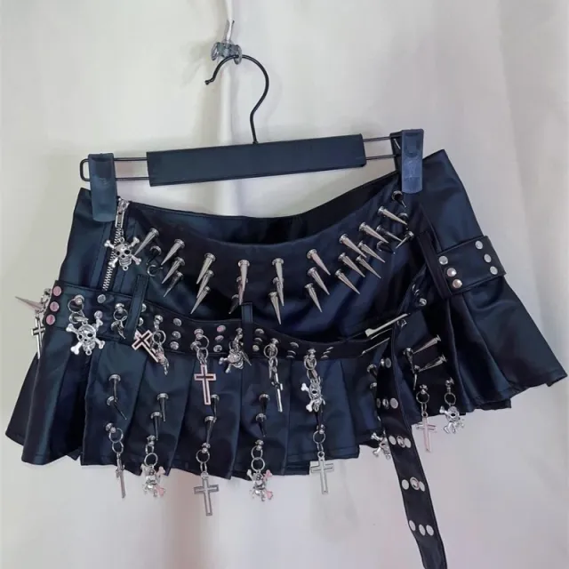 Rivet Skull Cross Punk Niche Street PU Leather Metal Pleated Skirt Black - Shop at LoveMi