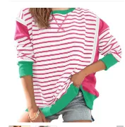 Color Matching Sweatshirt Striped Color Contrast Long Sleeve T shirt Pink Green - Shop at LoveMi