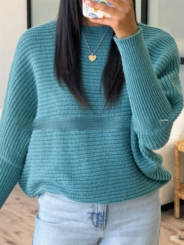 Round Neck Pullover Long Sleeve Batwing Shirt Fashionable Knitted Women's Sweater Blue - Shop at LoveMi