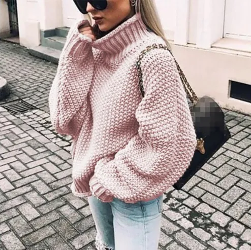 Curled High Neck Bat Sleeve Knitted Sweater Pink - Shop at LoveMi