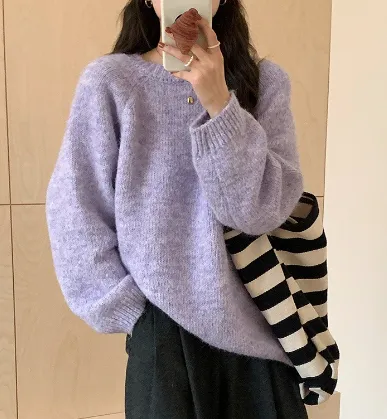 Round Neck Idle Style Autumn And Winter Long Sleeve Soft Glutinous Colored Knit Top - Purple