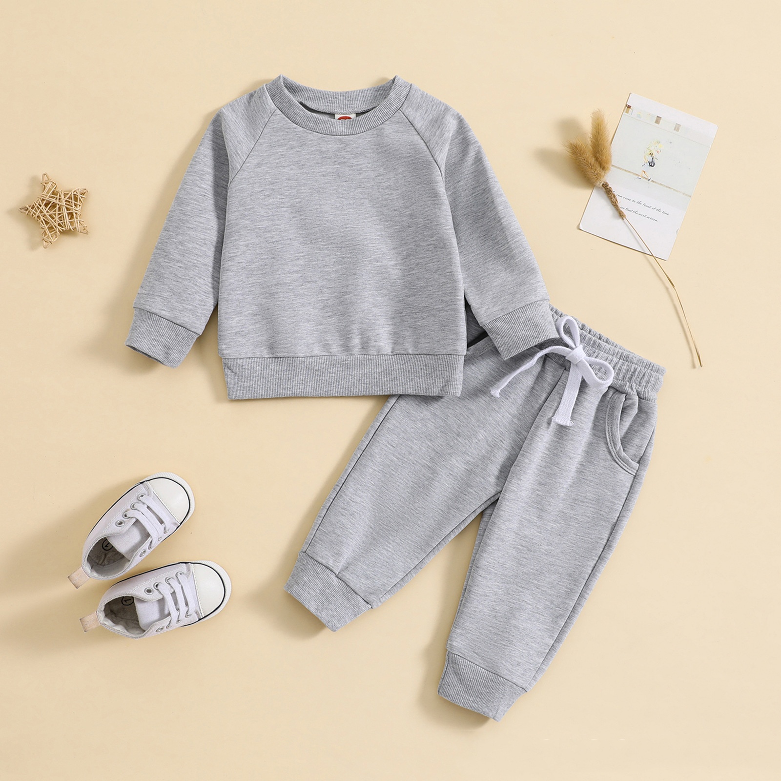 Boys' Solid Color Suit Round Neck Sweater Trousers