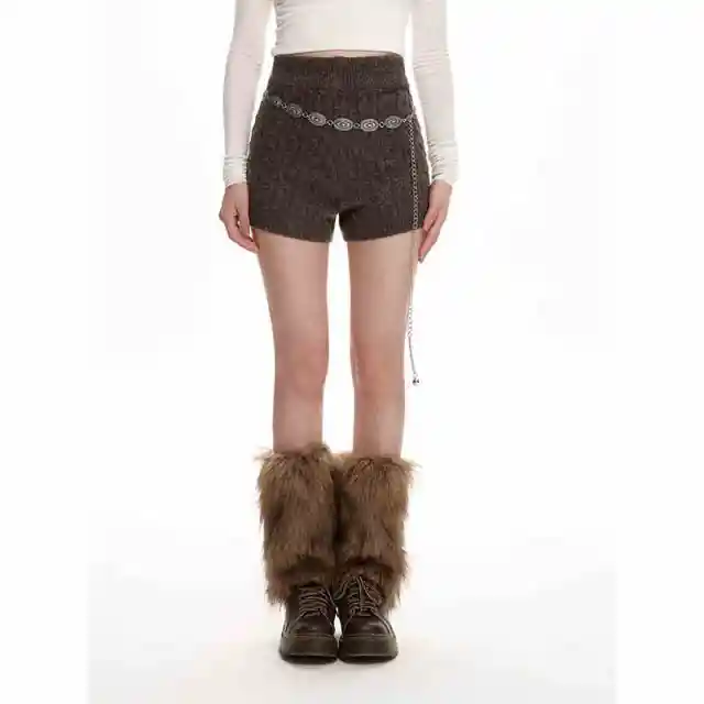 Knitted Shorts Women's High Waist Slimming Twist Wide leg Casual Pants Heather Camel - Shop at LoveMi