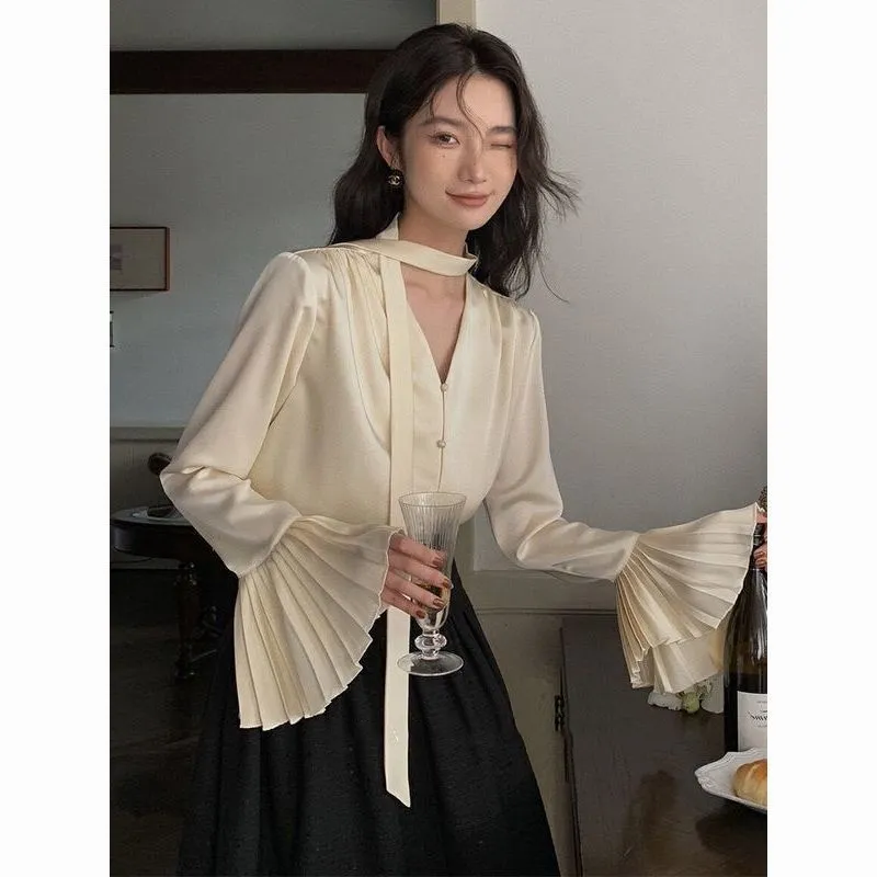 Women's Ruffled Sleeve Top Loose Shirt With Ribbon - Beige