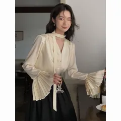 Women's Ruffled Sleeve Top Loose Shirt With Ribbon - Beige - View 1