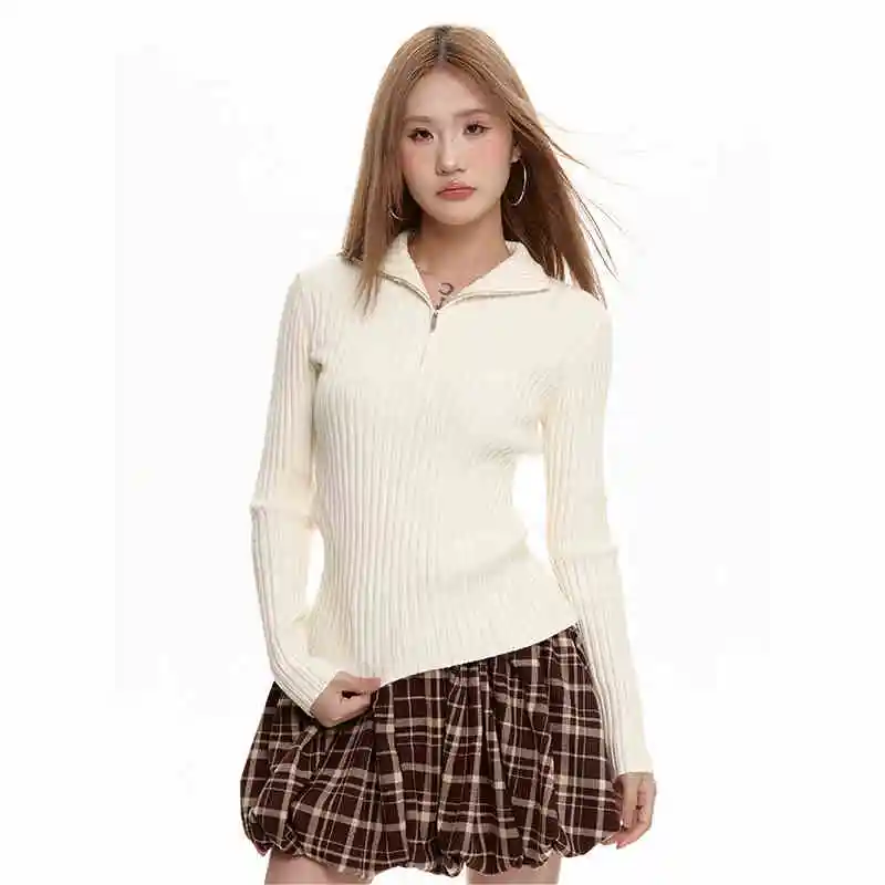 Black Long Sleeve Turtleneck Sweater Zipper Thickening Bottoming Shirt - Apricot