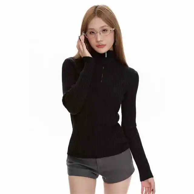 Black Long Sleeve Turtleneck Sweater Zipper Thickening Bottoming Shirt Black - Shop at LoveMi