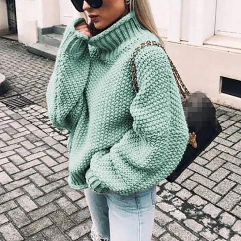 Curled High Neck Bat Sleeve Knitted Sweater Blue - Shop at LoveMi