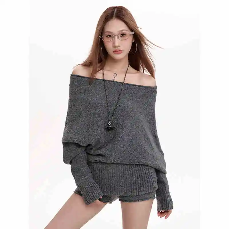 New Loose And Lazy Style Batwing Sleeve Top Off-neck Inner Sweater - Dark Gray