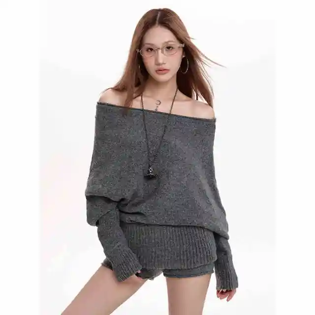 New Loose And Lazy Style Batwing Sleeve Top Off neck Inner Sweater Dark Gray - Shop at LoveMi