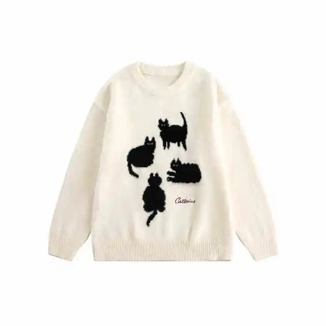 Cartoon Cat Mohair Loose Sweater Apricot - Shop at LoveMi