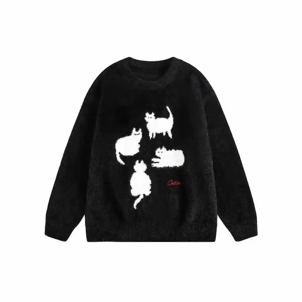 Cartoon Cat Mohair Loose Sweater - Black