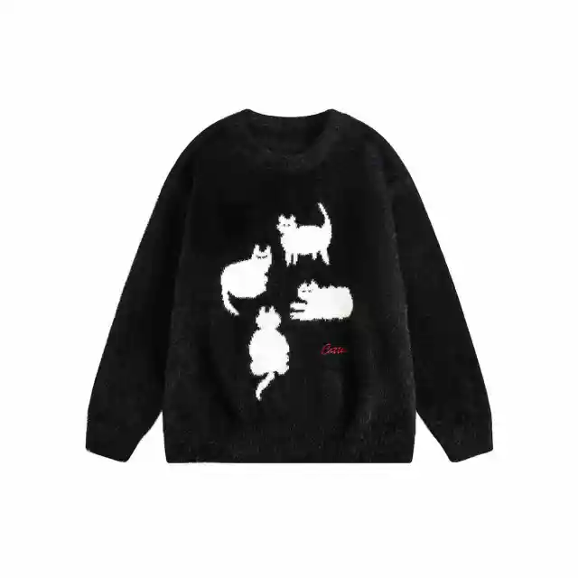 Cartoon Cat Mohair Loose Sweater Black - Shop at LoveMi