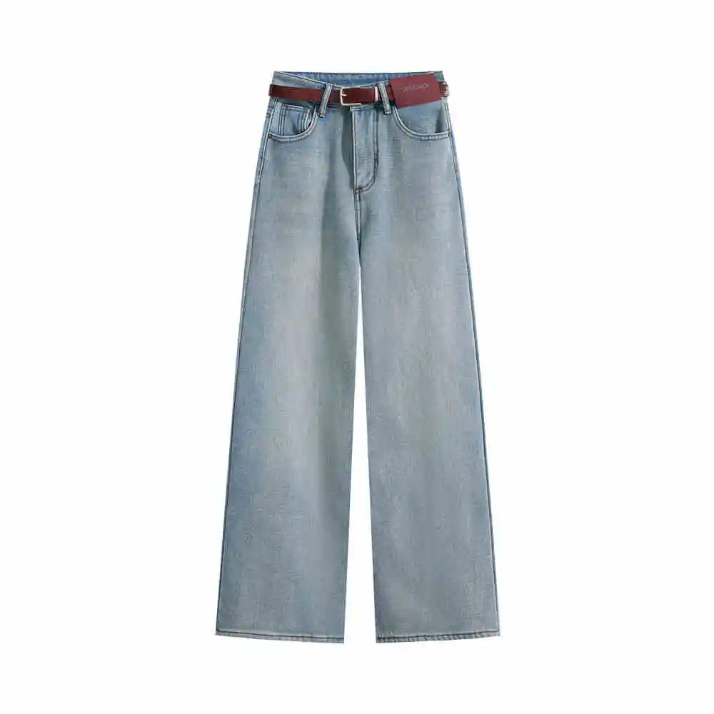 High Waist Slimming Loose Straight Fleece-lined Padded Wide Leg Jeans - Light Blue