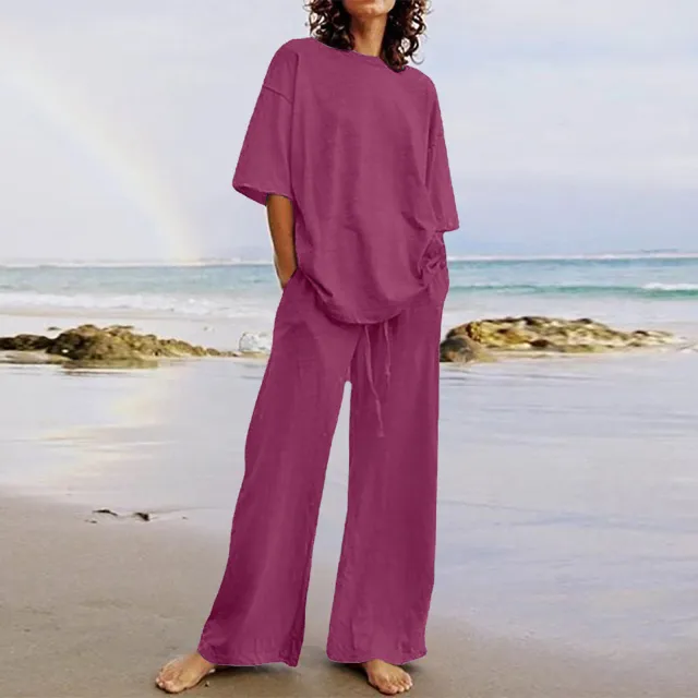 Cotton And Linen Home Solid Color Two piece Suit Purple - Shop at LoveMi