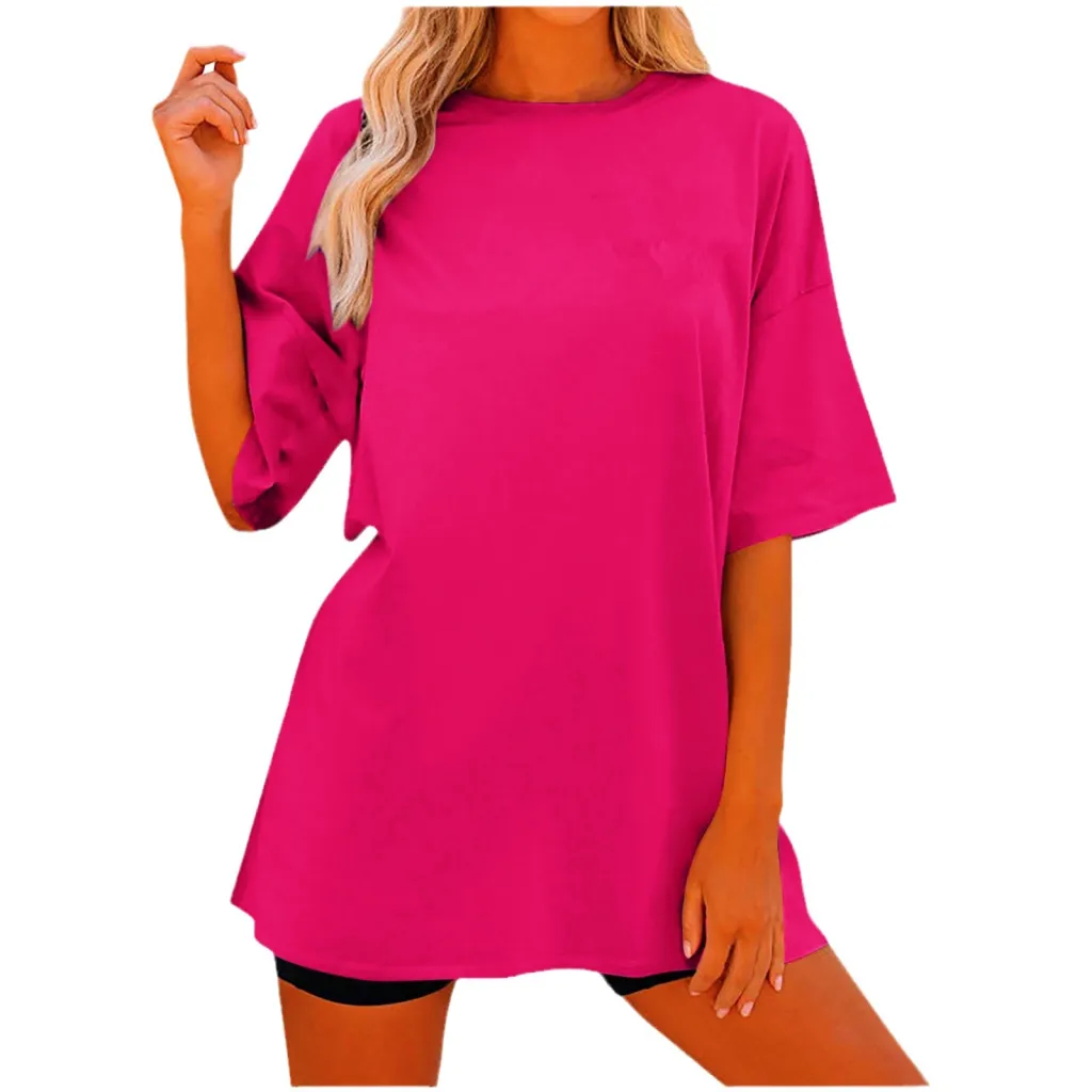 Solid Color Loose Women's T-shirt Fashion Round Neck Plus Size Short Sleeve - Rose Red1