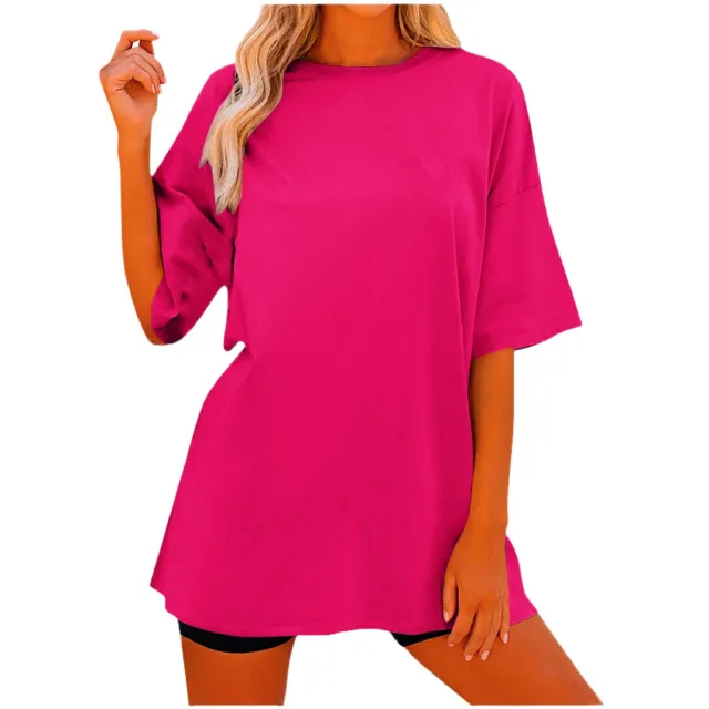 Solid Color Loose Women's T shirt Fashion Round Neck Plus Size Short Sleeve Rose Red1 - Shop at LoveMi