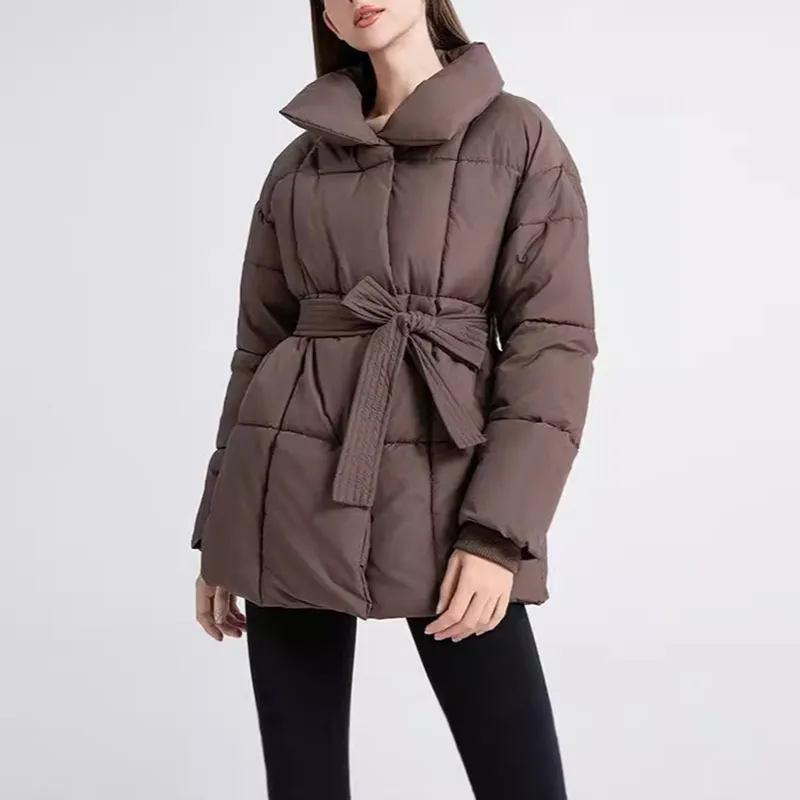 Winter Plaid Sewing Lapel Coat with Lace-up Design Fashion