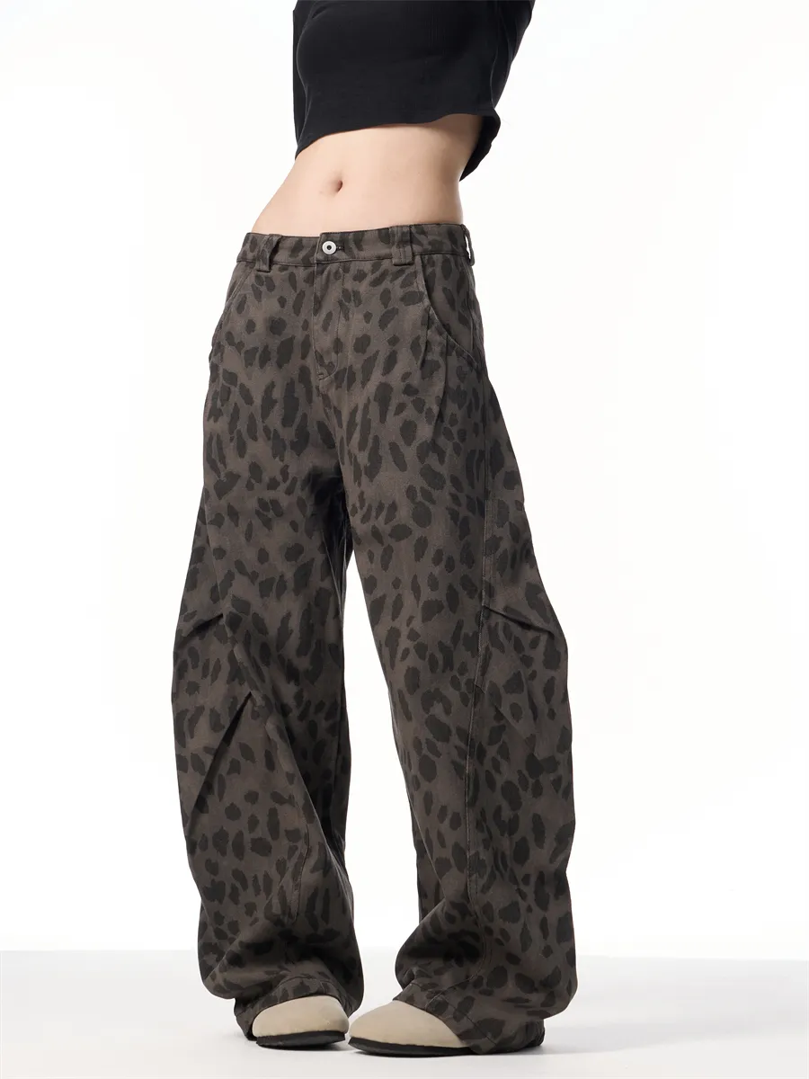 Retro Leopard Jeans Women's Loose Straight Wide-leg Pants - Gray