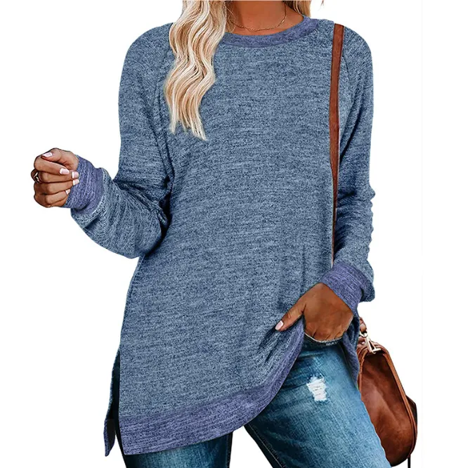 Long Sleeve Round Neck Multicolor Split Top Loose Leisure Pullover T-shirt - Cailan
