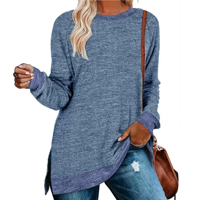 Long Sleeve Round Neck Multicolor Split Top Loose Leisure Pullover T shirt Cailan - Shop at LoveMi