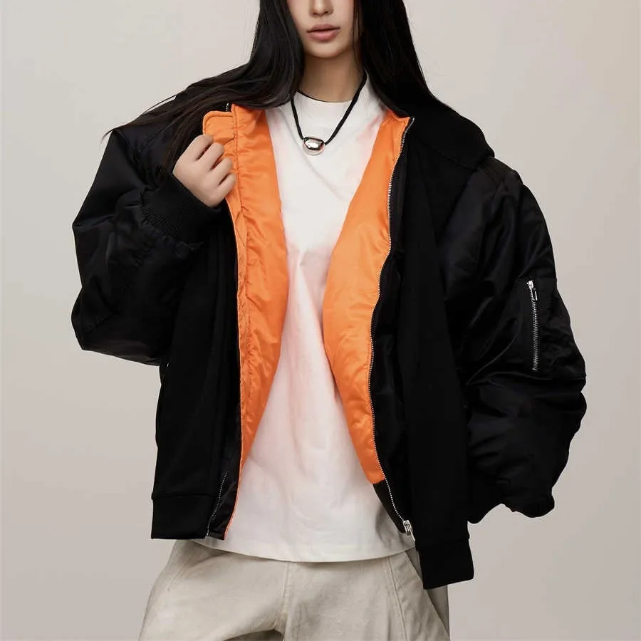 Loose Autumn Winter False-two-piece Fleece-lined Flight Jacket - Black