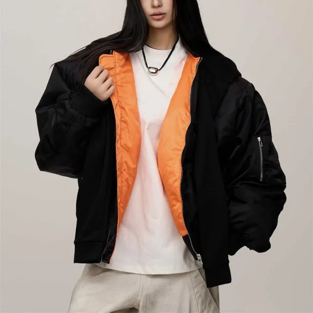 Loose Autumn Winter False two piece Fleece lined Flight Jacket Black - Shop at LoveMi
