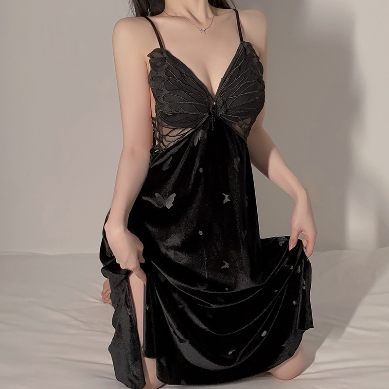 Deep V Push Up With Chest Pad Velvet Spaghetti Straps Nightdress Outerwear Gown Women's Suit