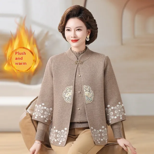 Middle aged And Elderly Women's Knitting Sweater Cardigan Autumn And Winter Two piece Set Camel Fleece Lining - Shop at LoveMi