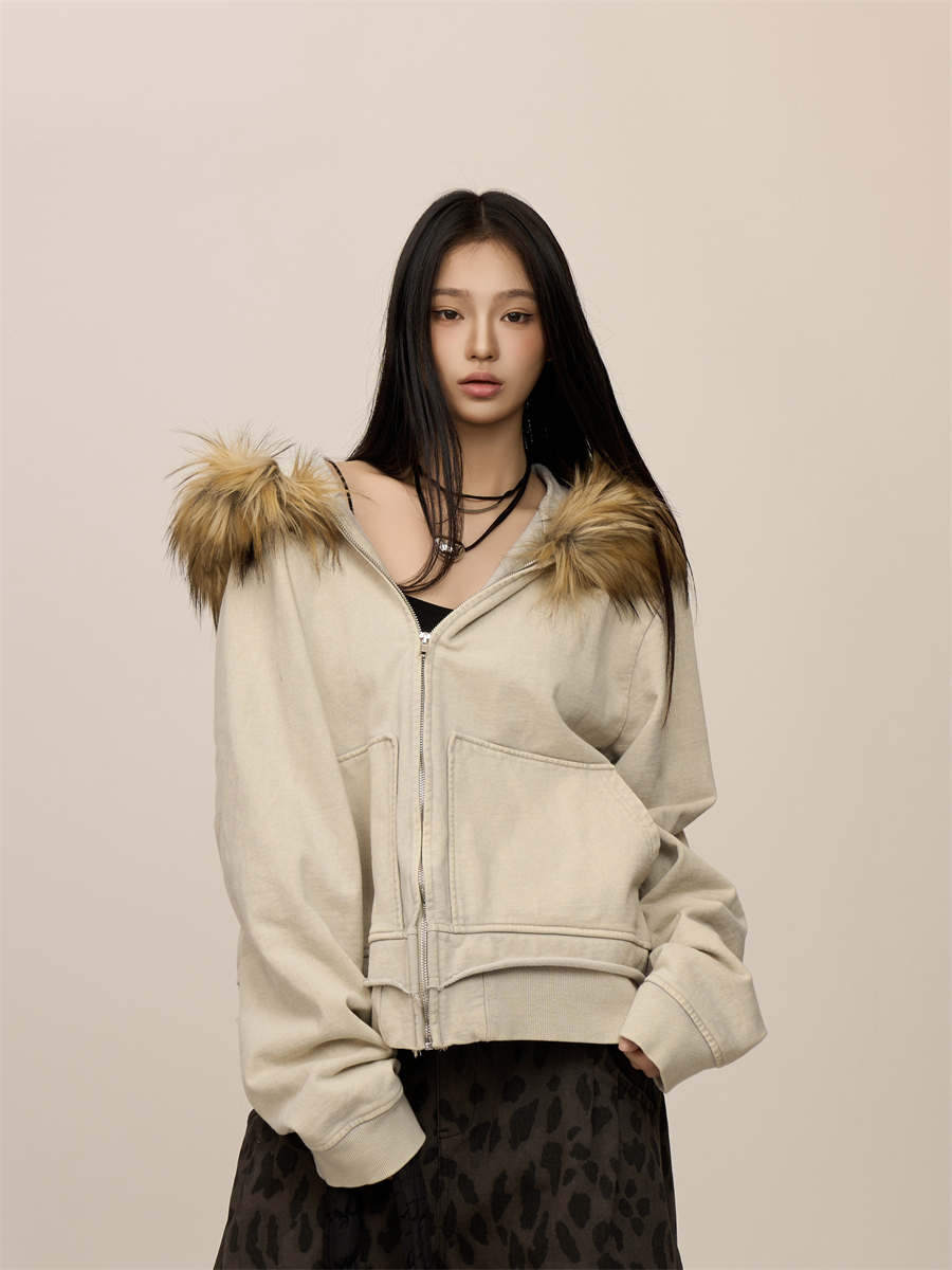 Autumn And Winter Mountain Carving Big Fur Collar Hooded Jacket