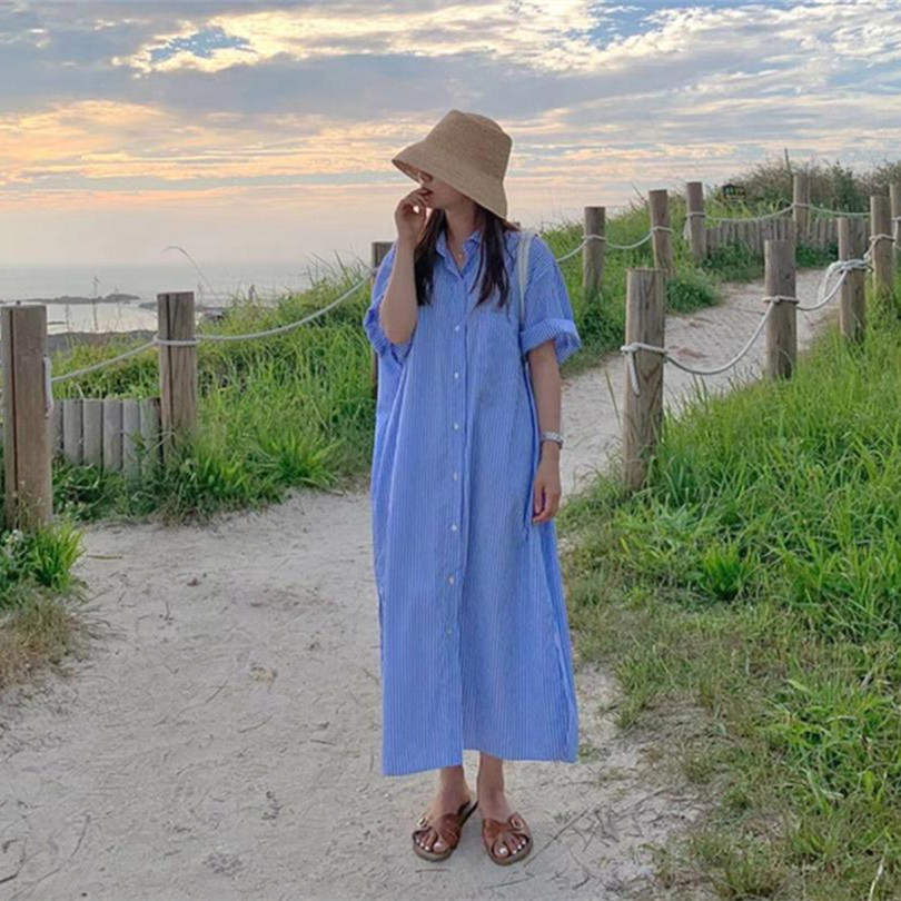 Korean Casual Ocean Stripe Long Shirt
