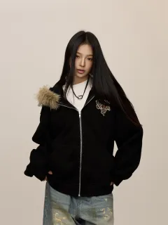 Stitching Loose Retro Fashion Brand Couple Casual Zipper Top - Black - View 1