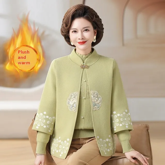 Middle aged And Elderly Women's Knitting Sweater Cardigan Autumn And Winter Two piece Set Fruit Green Fleece Lining - Shop at LoveMi