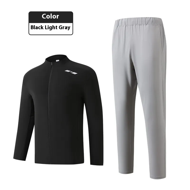 Autumn Leisure Running Stand Collar Suit Fitness Clothes Warm Cycling Clothing - Black Top Light Gray Pants