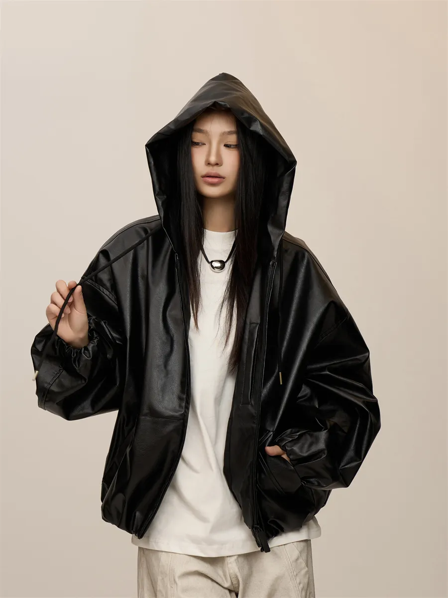 Women's Black Hooded Leather Coat - Black
