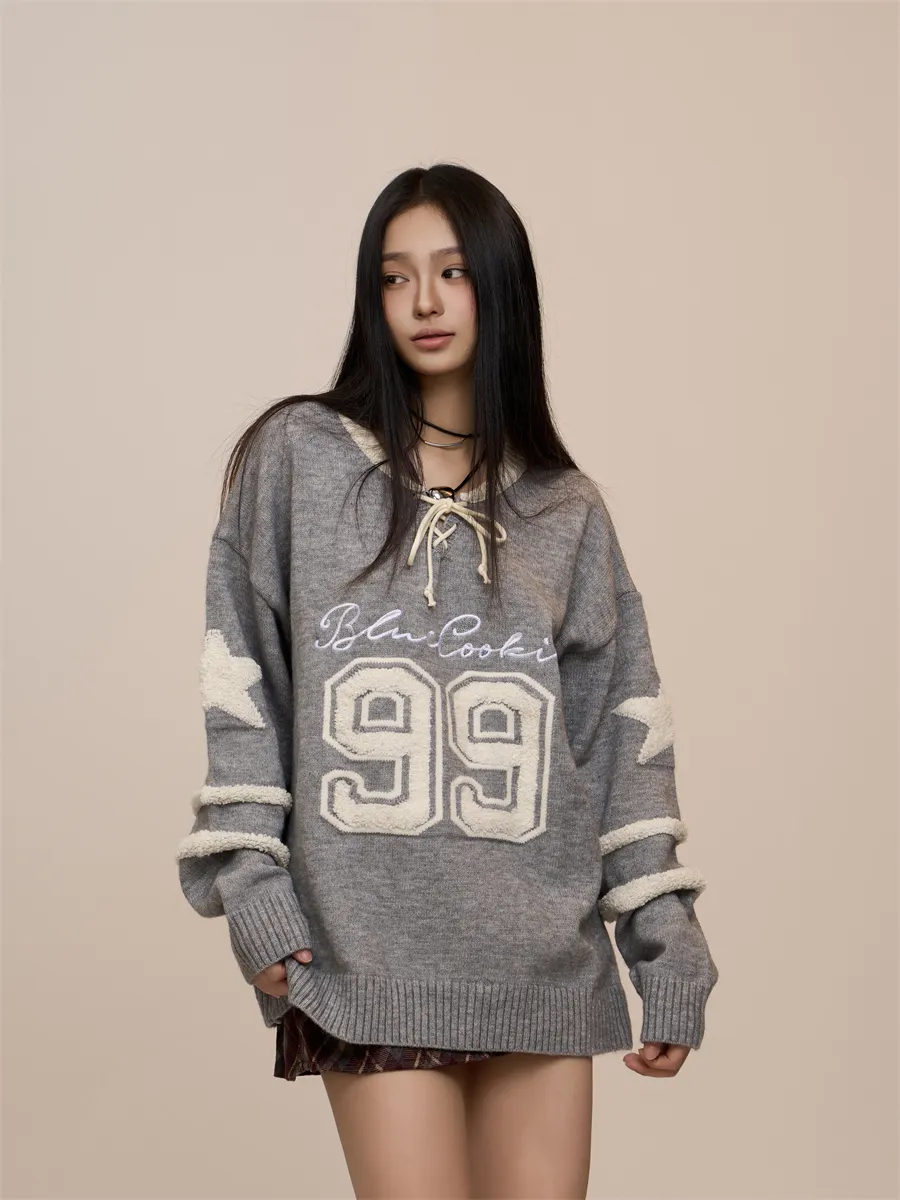 Women's Embroidered Letters Loose And Lazy Style Retro College Style Sweater - Grey
