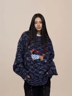 Christmas Red Couple's Sausage Dog Towel Embroidered Sweater - Navy Blue - View 1
