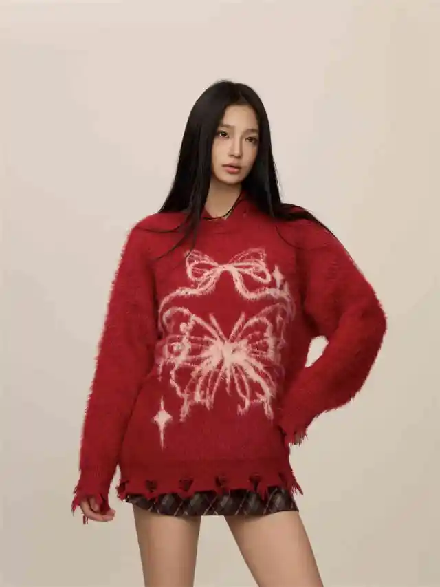 Butterfly Jacquard Mink like Wool Christmas New Year Sweater Red - Shop at LoveMi