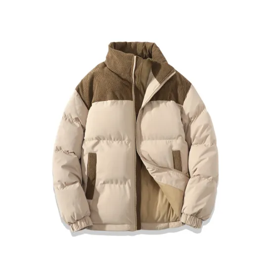Winter Stand Collar Contrast colored Coat Cotton Padded Jacket For Men Women Clothing Coffee - Shop at LoveMi