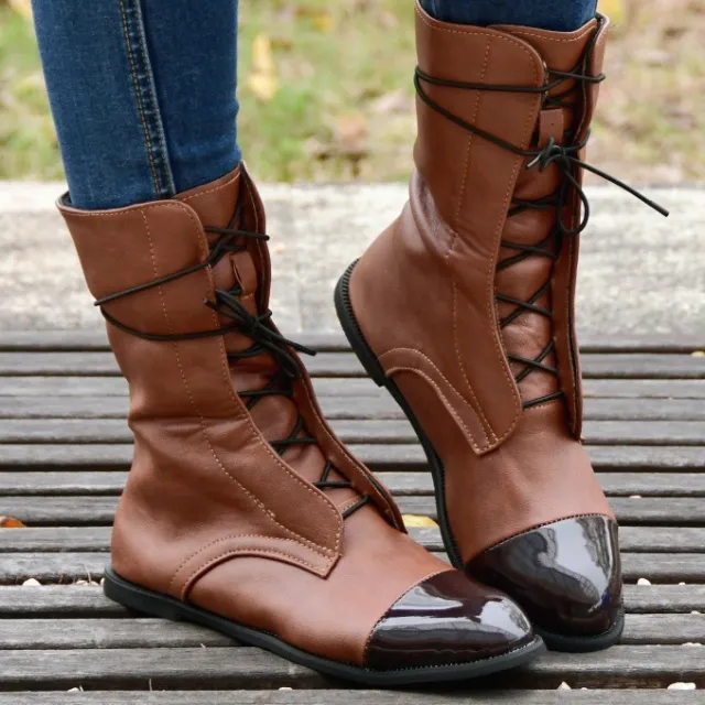 Mid tube Locomotive Boots Lace up Black Low heeled Coffee - Shop at LoveMi