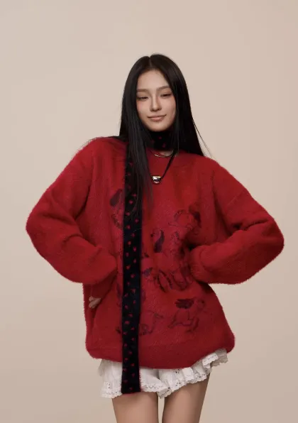 American Street Idle Style Soft Glutinous Mohair Animal Jacquard Sweater Red - Shop at LoveMi