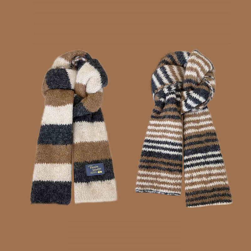Versatile Soft Yarn Dopamine Contrasting Striped Double-sided Scarf For Women